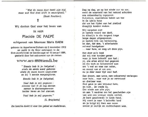 doodsprentje burgemeester placide de paepe
